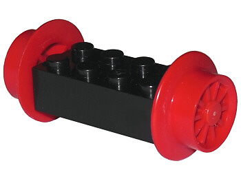 Brick, Modified 2 x 4 with Red Wheels, Train Spoked Small (23mm D.) and Red Pins (4180 / wheel3 / 2344)