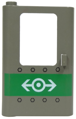 Door 1 x 4 x 5 Train Left, Thin Support at Bottom with Green Stripe, Train Logo and Rivets Pattern