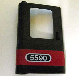 Door 1 x 4 x 5 Train Left, Thin Support at Bottom with Red Stripe and White '5590' Pattern (Sticker) - Set 5590
