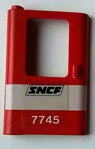 Door 1 x 4 x 5 Train Left, Thin Support at Bottom with White Stripe and 'SNCF 7745' Pattern (Sticker) - Set 7745