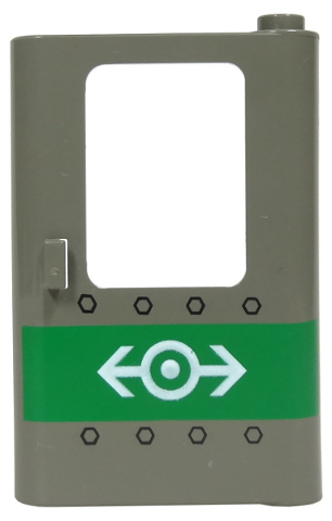 Door 1 x 4 x 5 Train Right, Thin Support at Bottom with Green Stripe, Train Logo and Rivets Pattern
