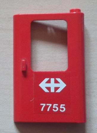 Door 1 x 4 x 5 Train Right, Thin Support at Bottom with White Double Arrow (Swiss Federal Railways) and '7755' Pattern (Sticker) - Set 7755