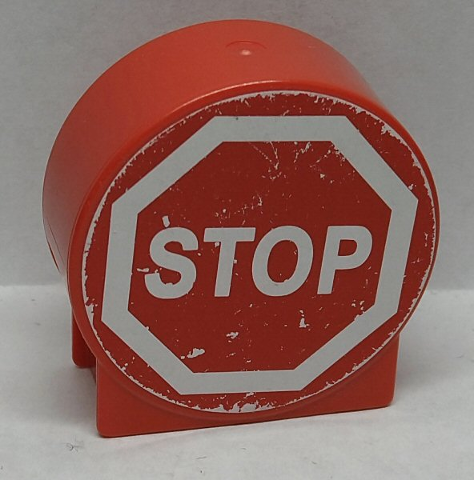 Duplo, Brick 1 x 2 x 2 Round Top with White 'STOP' in Octagon Pattern (Sticker) - Sets 9207 / 9211 (Stop Sign)