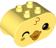 Duplo, Brick 2 x 4 x 2 Rounded Ends with Black Eyes, Wink, and Bright Light Orange Beak and Cheeks, Duck Head Pattern