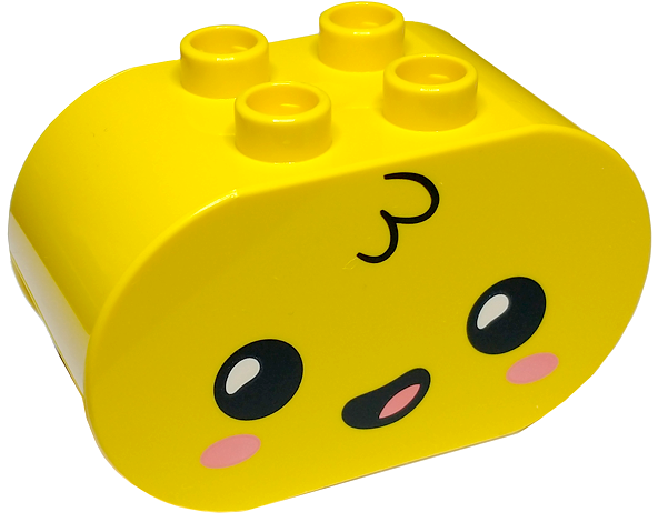 Duplo, Brick 2 x 4 x 2 Rounded Ends with Black Eyes with White Pupils, Tuft of Hair, and Coral Cheeks and Tongue Pattern