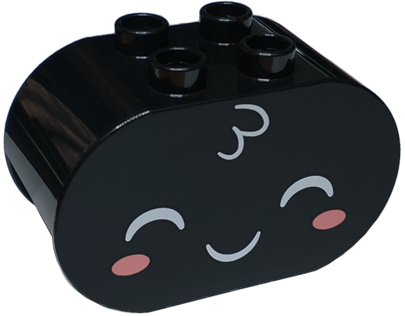 Duplo, Brick 2 x 4 x 2 Rounded Ends with Closed White Eyes, Tuft of Hair, Coral Cheeks, and Closed Mouth Smile Pattern