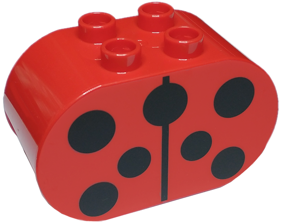 Duplo, Brick 2 x 4 x 2 Rounded Ends with Black Line and Circles Ladybug Body Pattern