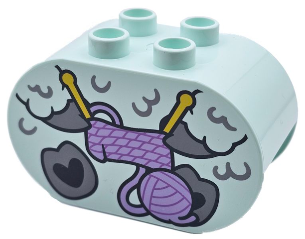 Duplo, Brick 2 x 4 x 2 Rounded Ends with Light Bluish Gray Hooves and Fur, Yellow Knitting Needles, and Lavender Ball of Yarn, Sheep / Lamb Body Pattern