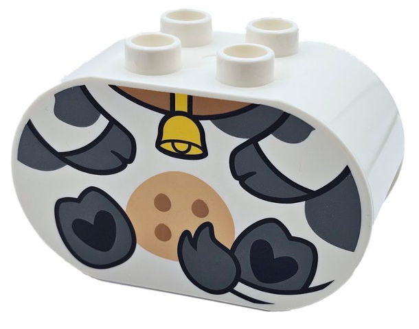Duplo, Brick 2 x 4 x 2 Rounded Ends with Dark Bluish Gray Hooves and Spots, Medium Tan Udder with Medium Nougat Dots, Yellow Bell, Cow Body Pattern