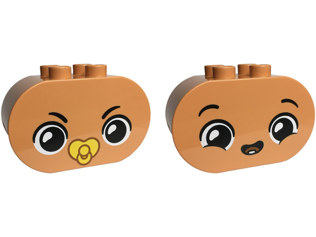 Duplo, Brick 2 x 4 x 2 Rounded Ends with Faces with Black Eyebrows, Angry with Bright Light Yellow Baby Pacifier / Open Mouth Smile with Bottom Tooth and Medium Nougat Tongue Pattern