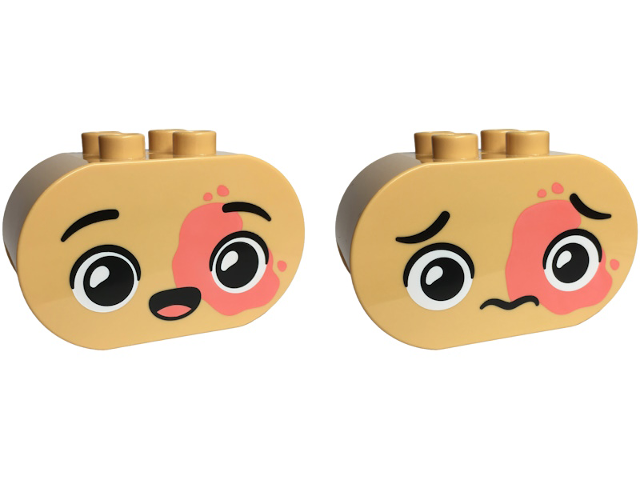 Duplo, Brick 2 x 4 x 2 Rounded Ends with Faces with Black Eyebrows, Coral Birthmark, Open Mouth Smile with Tongue / Worried Pattern