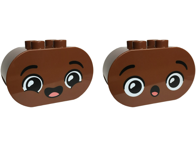 Duplo, Brick 2 x 4 x 2 Rounded Ends with Faces with Black Eyebrows, Coral Tongue, Open Mouth Smile / Surprised Pattern