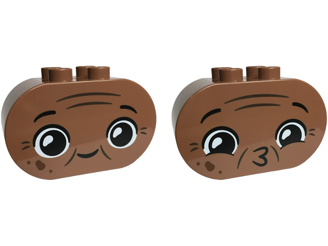 Duplo, Brick 2 x 4 x 2 Rounded Ends with Faces with Black Eyebrows, Dark Brown Wrinkles, Reddish Brown Spots, Grin / Puckered Lips Pattern