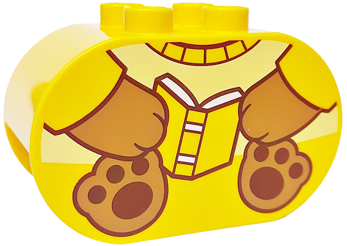 Duplo, Brick 2 x 4 x 2 Rounded Ends with Medium Nougat and Reddish Brown Paws and Hands Holding Book, Bright Light Yellow Top Pattern