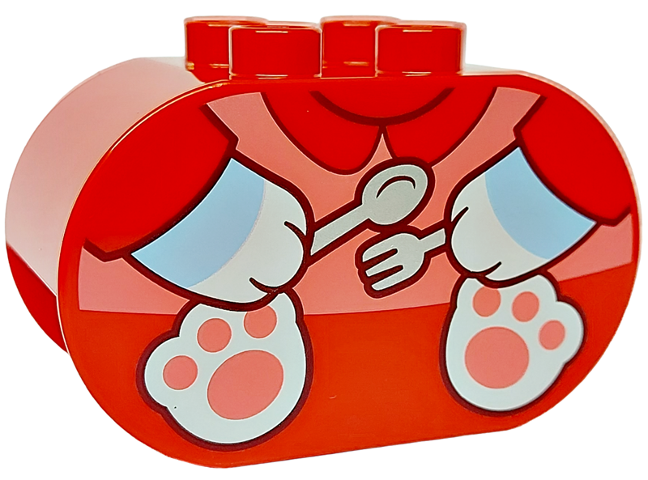 Duplo, Brick 2 x 4 x 2 Rounded Ends with Bright Light Blue and White Paws and Hands Holding Silver Fork and Spoon, Coral Top Pattern