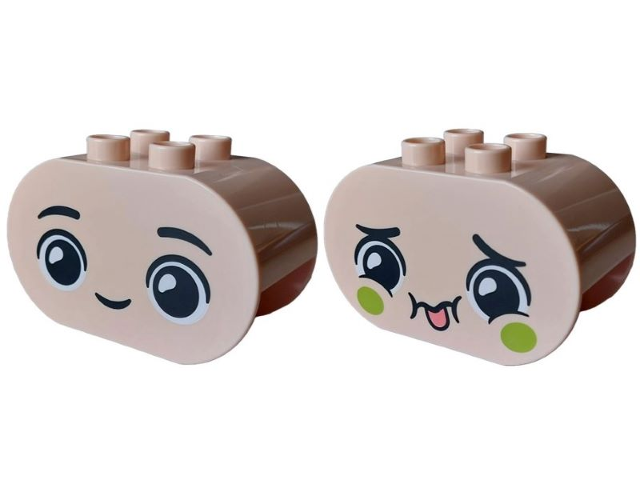 Duplo, Brick 2 x 4 x 2 Rounded Ends with Faces with Black Eyebrows, Lime Cheeks, Closed Mouth Smile / Coral Tongue Sticking Out Pattern
