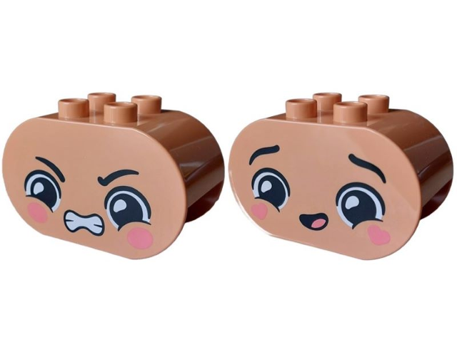 Duplo, Brick 2 x 4 x 2 Rounded Ends with Faces with Black Eyebrows, Coral Oval Shaped Cheeks, Open Mouth, Angry / Heart Shaped Cheeks, Smile Pattern