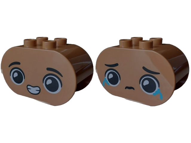 Duplo, Brick 2 x 4 x 2 Rounded Ends with Faces with Black Eyebrows, Open Mouth Smile with White Teeth / Closed Mouth Sad, Crying Medium Azure Tears Pattern