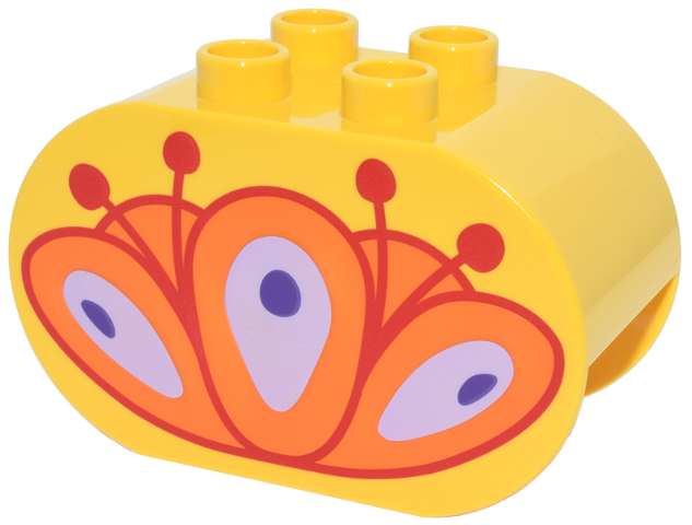 Duplo, Brick 2 x 4 x 2 Rounded Ends with Orange, Red, Lavender and Dark Purple Lotus Flower Pattern