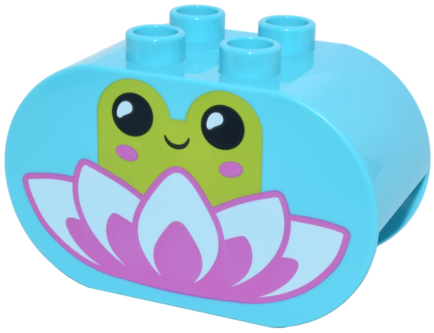 Duplo, Brick 2 x 4 x 2 Rounded Ends with Dark Pink and White Lotus Flower and Lime Frog with Cheek Spots and Black Eyes Pattern