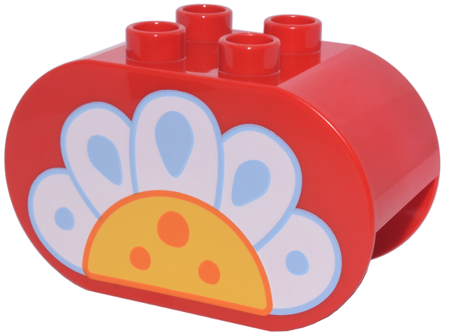 Duplo, Brick 2 x 4 x 2 Rounded Ends with Bright Light Blue, White, Yellow and Orange Daisy Flower Pattern