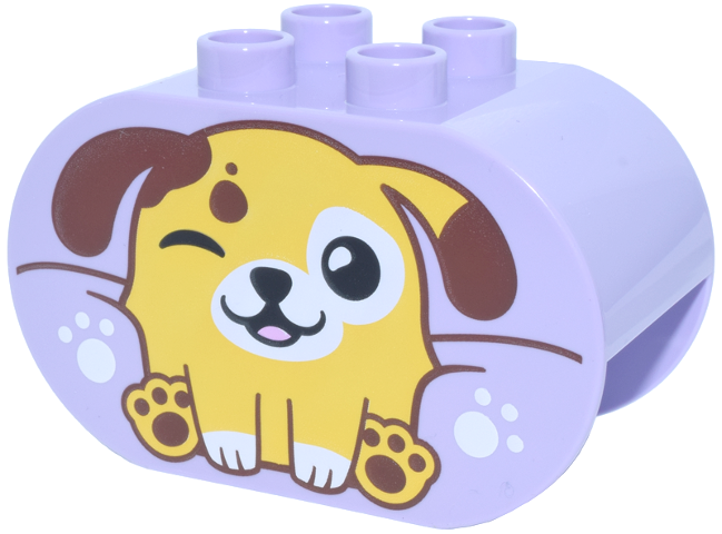 Duplo, Brick 2 x 4 x 2 Rounded Ends with Yellow and Reddish Brown Puppy Dog, White Nose, Eye Patch and Paws, Black Eyes, One Winking and Bright Pink Tongue Pattern