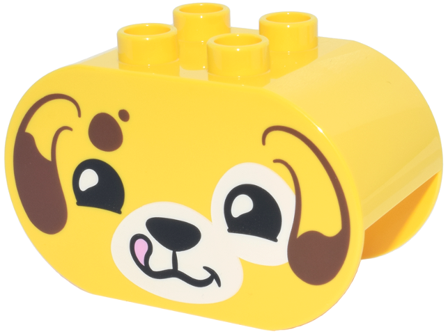 Duplo, Brick 2 x 4 x 2 Rounded Ends with Puppy Dog Face, Reddish Brown Ears and Spots, White Nose and Eye Patch, Black Eyes and Bright Pink Tongue Pattern