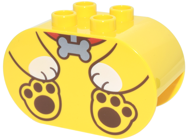 Duplo, Brick 2 x 4 x 2 Rounded Ends with Reddish Brown Puppy Dog Body, White Paws, Red Collar and Silver Bone Tag Pattern