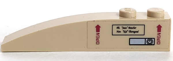 Slope, Curved 6 x 1 with 2 Studs with Red 'OPEN' and Arrows, Silver Handle and Lock, Black 'Plt. "Jazz" Boucher' and 'Nav. "Kid" Thorogood' in Rectangle Pattern Model Left Side (Sticker) - Sets 7298 / 7477