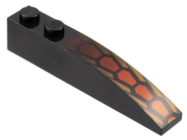 Slope, Curved 6 x 1 with 2 Studs with Repeating Dark Red and Medium Orange Hexagonal Scale Pattern