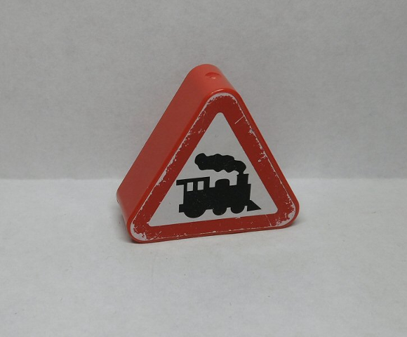 Duplo, Brick 1 x 3 x 2 Triangle Road Sign with Steam Engine Pattern (Sticker) - Set 9211
