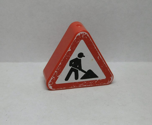 Duplo, Brick 1 x 3 x 2 Triangle Road Sign with Construction Worker Pattern (Sticker) - Sets 9207 / 9211
