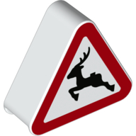 Duplo, Brick 1 x 3 x 2 Triangle Road Sign with Red Border and Black Leaping Deer Pattern