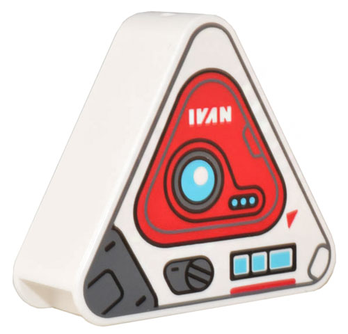 Duplo, Brick 1 x 3 x 2 Triangle Road Sign with Red and Dark Bluish Gray Mechanical Panel, Medium Azure Buttons, and White 'IVAN' Pattern