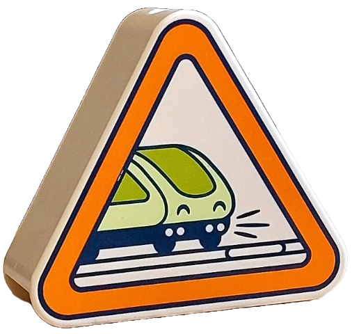 Duplo, Brick 1 x 3 x 2 Triangle Road Sign with Orange Border and Dark Blue, Lime and Yellowish Green Crossing Train Pattern
