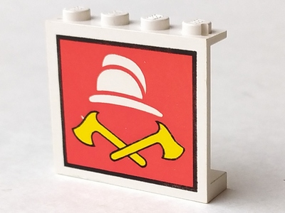 Panel 1 x 4 x 3 - Solid Studs with White Fireman Cap and 2 Yellow Axes Pattern