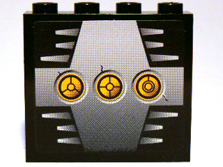Panel 1 x 4 x 3 - Hollow Studs with 3 Yellow Circles with Bionicle Code D on Silver Background Pattern (Sticker) - Set 8758