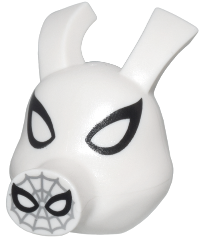 Minifigure, Head, Modified Pig, Long Snout and Ears with Light Bluish Gray Spider-Man Web on Snout, Black Eyes and Nostrils Pattern