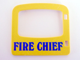 Duplo Door / Window Pane 1 x 4 x 3 with Single Pane and Interior Top Clip with Blue 'FIRE CHIEF' Pattern