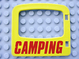 Duplo Door / Window Pane 1 x 4 x 3 with Single Pane and Interior Top Clip with Red 'CAMPING' Pattern