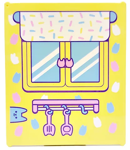 Glass for Window 1 x 6 x 6 Flat Front with Bright Light Blue, Bright Pink and White Cat Heads, Window, Shade and Shelf with Kitchen Utensils Pattern