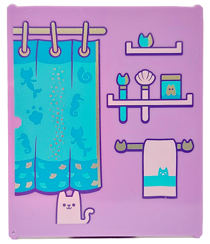 Glass for Window 1 x 6 x 6 Flat Front with Dark Azure and Medium Azure Shower Curtain with Silver Pole and Rings, Lavender Cat, Towel and Shelves with Brushes Pattern