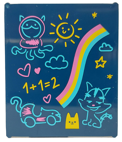 Glass for Window 1 x 6 x 6 Flat Front with Dark Pink, Medium Azure and Yellow Stripes, Cats, Clouds, Car, Hearts, Sun, Star and '1+1=2' Pattern
