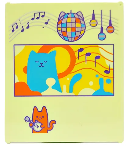 Glass for Window 1 x 6 x 6 Flat Front with Dark Purple Music Notes, Medium Azure, Orange, Silver and Yellow Disco Ball, Lights and Cats Pattern