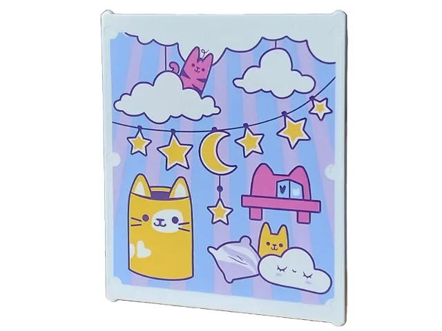 Glass for Window 1 x 6 x 6 Flat Front with Clouds, Lavender Sun Rays and Pillow, Dark Purple Garland with Yellow Stars and Crescent Moon, Cats and Magenta Chair with Cube on Bright Light Blue Background Pattern