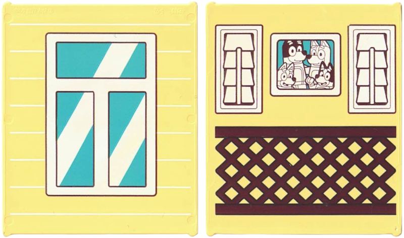 Glass for Window 1 x 6 x 6 Flat Front with Window with Medium Azure Panes, White Frame and Reflections / Bluey Family Photo and Reddish Brown Lattice Railing Pattern