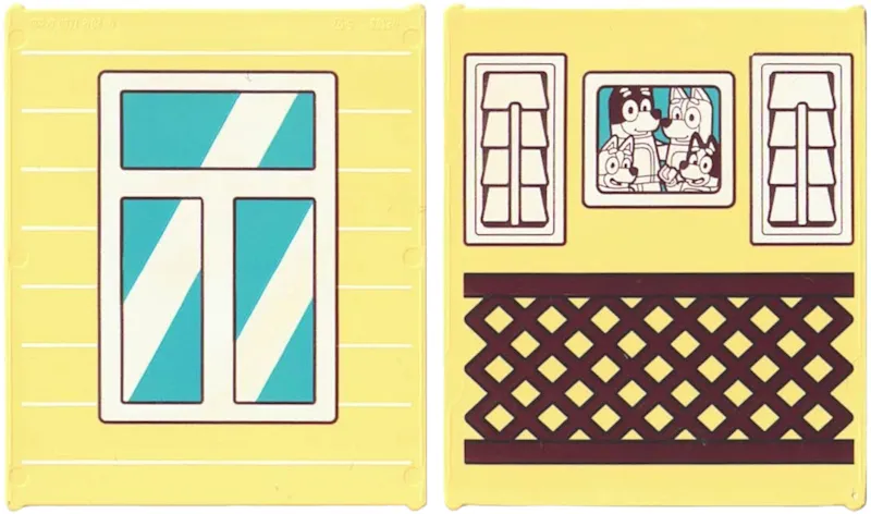 Glass for Window 1 x 6 x 6 Flat Front with Window with Medium Azure Panes, White Frame and Reflections / Bluey Family Photo and Reddish Brown Lattice Railing Pattern