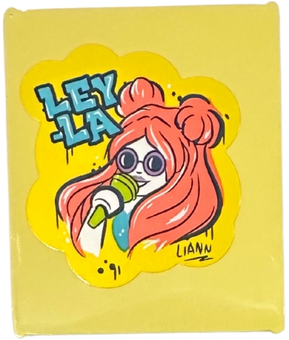 Glass for Window 1 x 6 x 6 Flat Front with Medium Azure 'LEY-LA' Graffiti, Singer with Lime Microphone, Coral Hair and 'LIANN' Pattern (Sticker) - Set 42614