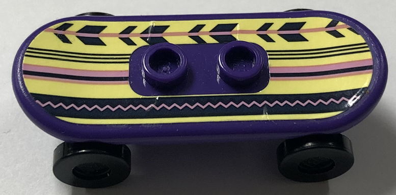 Minifigure, Utensil Skateboard Deck with Bright Pink and Black Stripes, Lines, Zigzags and Chevrons on Bright Light Yellow Background Pattern (Sticker) with Black Wheels (42511pb37 / 2496) - Set 41702