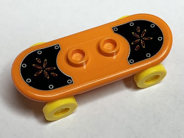 Minifigure, Utensil Skateboard Deck with Flowers and Rivets on Black Grip Tape Pattern (Sticker) with Yellow Wheels (42511pb23 / 2496) - Set 6738